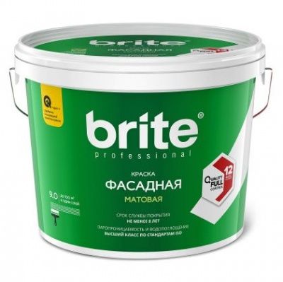 Краска BRITE PROFESSIONAL  фасадная белая матовая база А , 9 л
